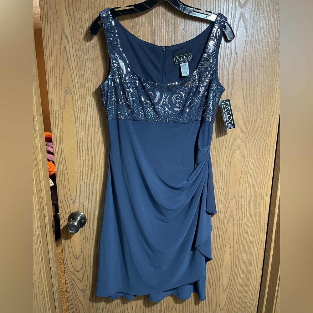 NWT Alex Evenings Dress in Midnight Blue with Sequin Straps and Bodice